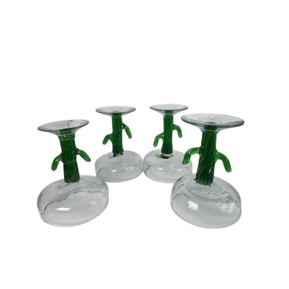 Set of 4 Margarita Glasses Hand Blown Clear Mexican Glass Green Cactus Stem - Picture 7 of 7
